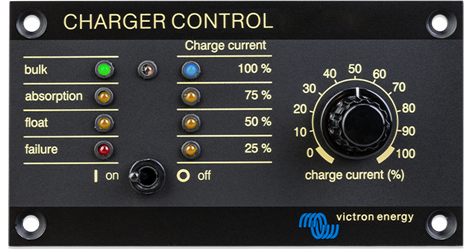The Victron Charger Control panel provides remote control and monitoring of the charge process with LED indication of the charger status. 